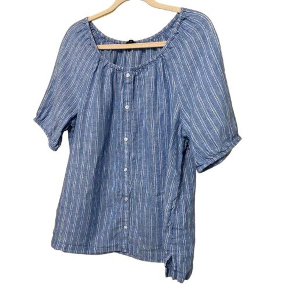 Talbots Vertical Striped Button-Front Peasant Blouse - Picture 2 of 6